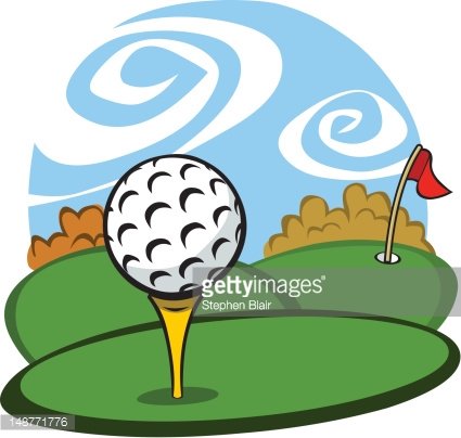 Golf ball on tee with flag and swirling sky background, cartoon illustration.