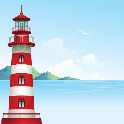 Red-and-white striped lighthouse on a coastal cliff overlooking calm blue sea with distant green islands and flying seagulls.
