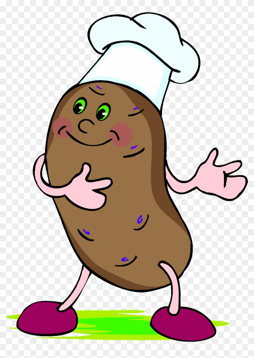 A smiling cartoon potato wearing a chef's hat, pink arms and legs, and purple shoes, standing on green grass.