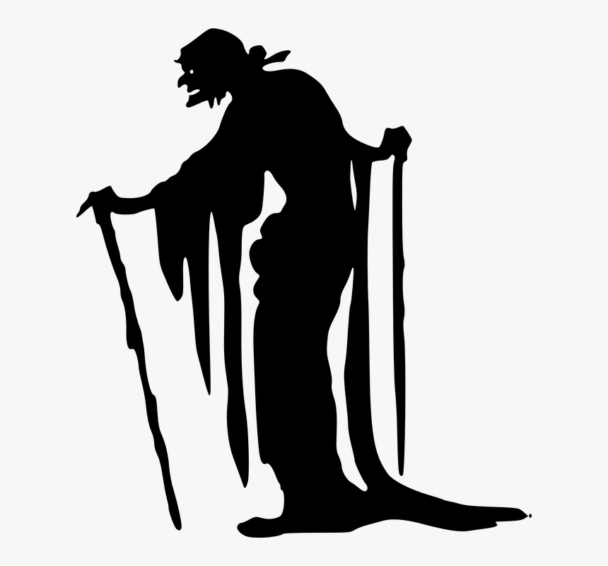 Silhouette of a hunched, elderly figure with a staff and tattered robe, evoking a mystical or folkloric character.