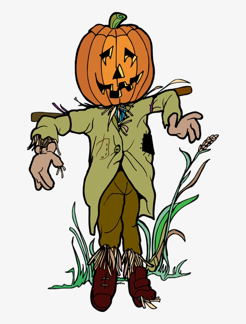 Cartoon scarecrow with a carved pumpkin head, wearing tattered clothes and standing in grass.