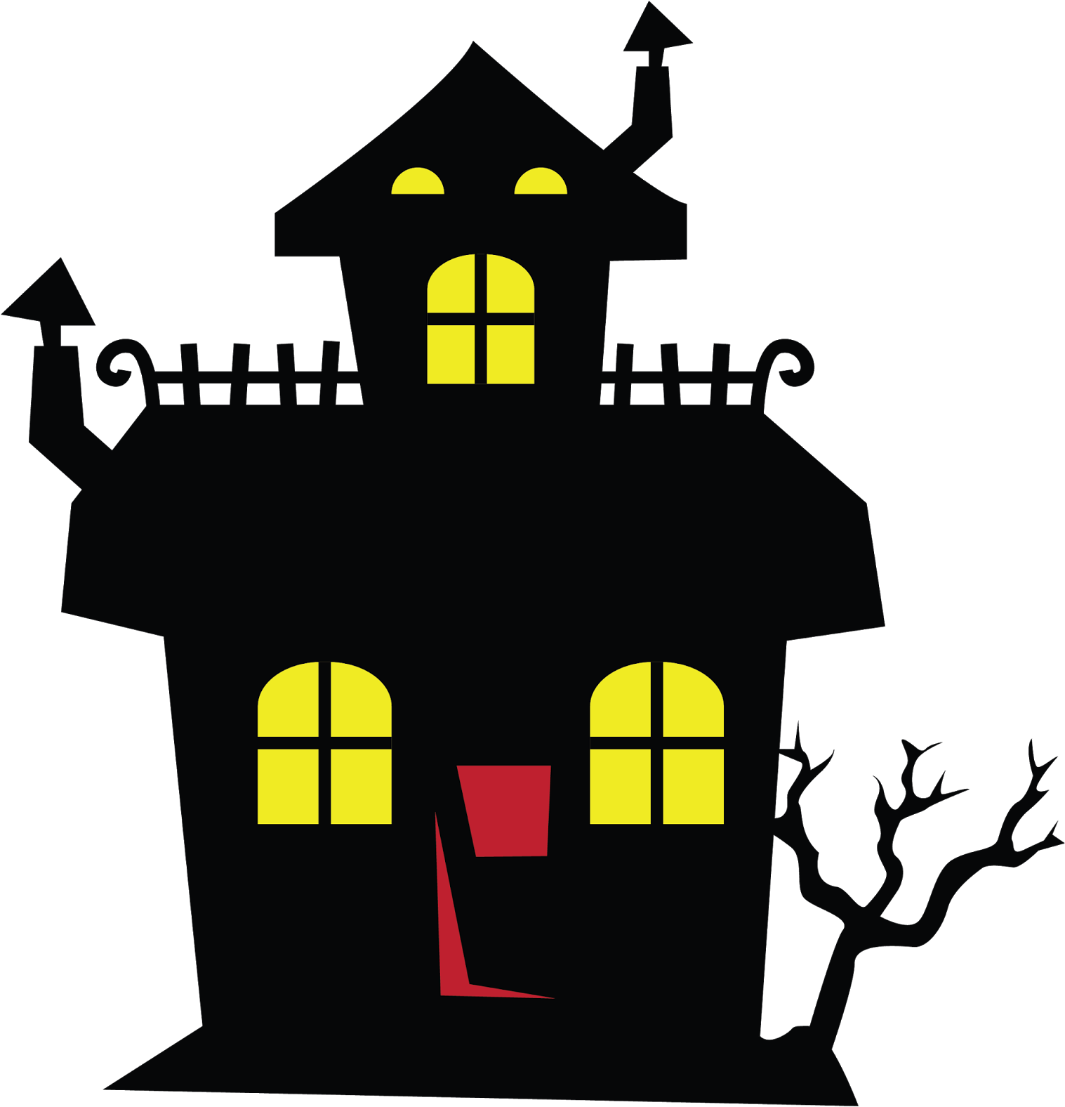 Spooky black haunted house with glowing yellow windows, red door, and bare tree silhouette at night.