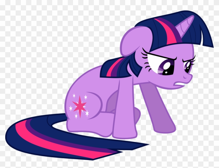 Twilight Sparkle from My Little Pony looking annoyed, purple coat, dark mane with pink stripe, star cutie mark.