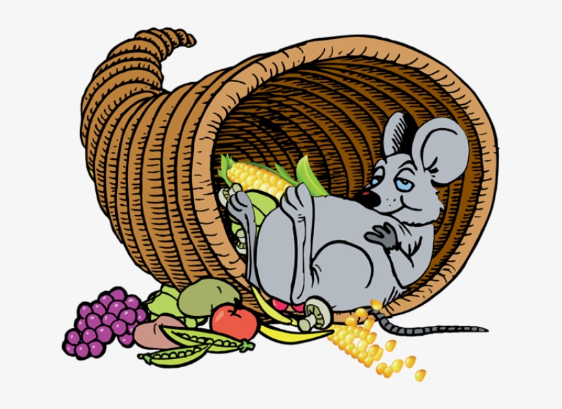 A cartoon mouse lounging inside a cornucopia overflowing with fruits, vegetables, and corn.