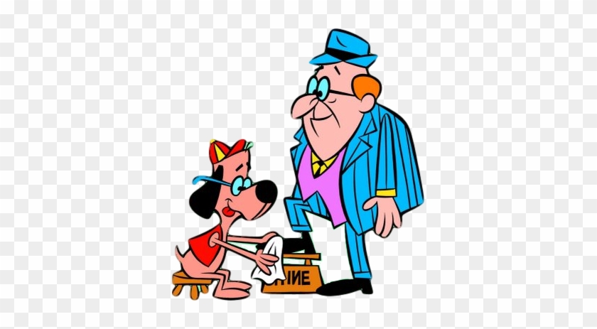 A cartoon dog in a red outfit shines shoes for a smiling man in a blue suit and hat.