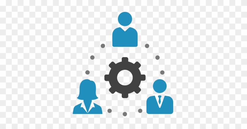 Three people icons connected around a central gear, symbolizing teamwork and process integration.