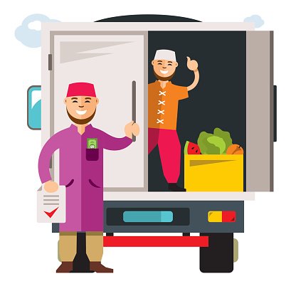 Two smiling delivery workers with fresh produce in a refrigerated van, one holding documents and the other waving.