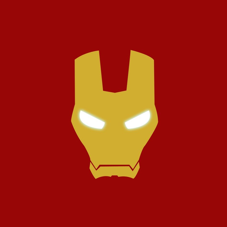 Golden Iron Man helmet with glowing white eyes on deep red background.