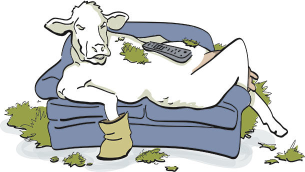 A cartoon sheep lounging on a blue couch with grass scattered around, wearing boots and holding a remote.