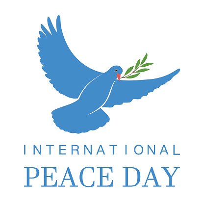 Blue dove carrying olive branch, symbol of peace for International Peace Day.