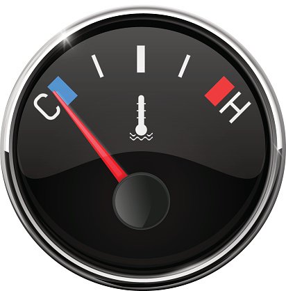 Automotive coolant temperature gauge showing low reading near 'C' (cold) with red needle and blue/cold indicator.