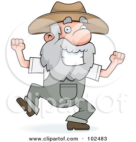 Cartoon elderly farmer with gray beard, wide eyes, and straw hat running energetically in overalls.