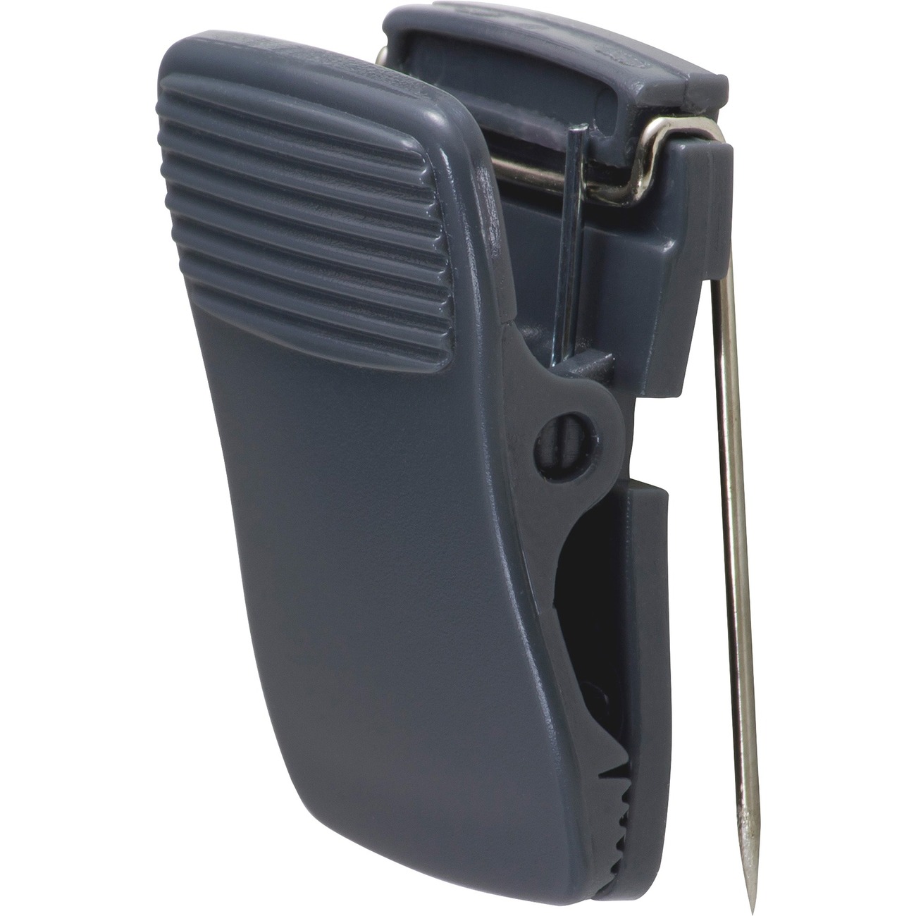 Gray plastic clip with integrated metal pin for secure fastening and portability.