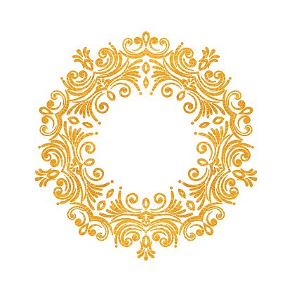 Golden ornate circular frame with baroque-style scrollwork and floral motifs on white background.