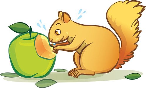 A cartoon squirrel nibbling a green apple with leaves and sweat drops, showing effort or surprise.