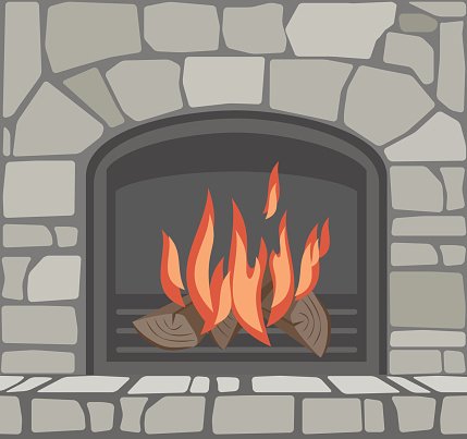 Cozy stone fireplace with roaring orange flames and burning logs inside an arched opening.