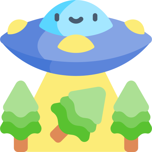 A friendly blue UFO with a smiling alien face hovers over a forest, emitting a yellow beam of light.