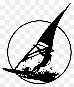 Silhouette of a windsurfer with sail and board inside a circular frame, black and white graphic.