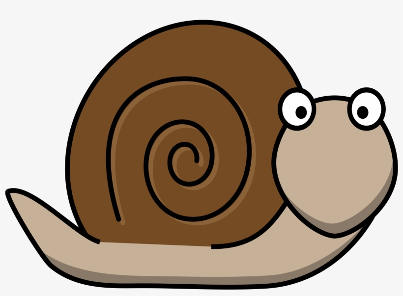 Cartoon snail with large eyes and brown spiral shell on light background.