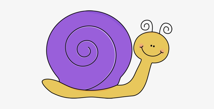 Cheerful cartoon snail with a purple spiral shell and yellow body, smiling with curly antennae.
