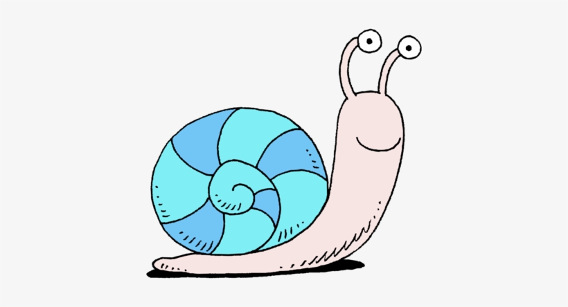 A cheerful cartoon snail with a blue-and-teal striped shell, smiling face, and raised eyestalks on a white background.