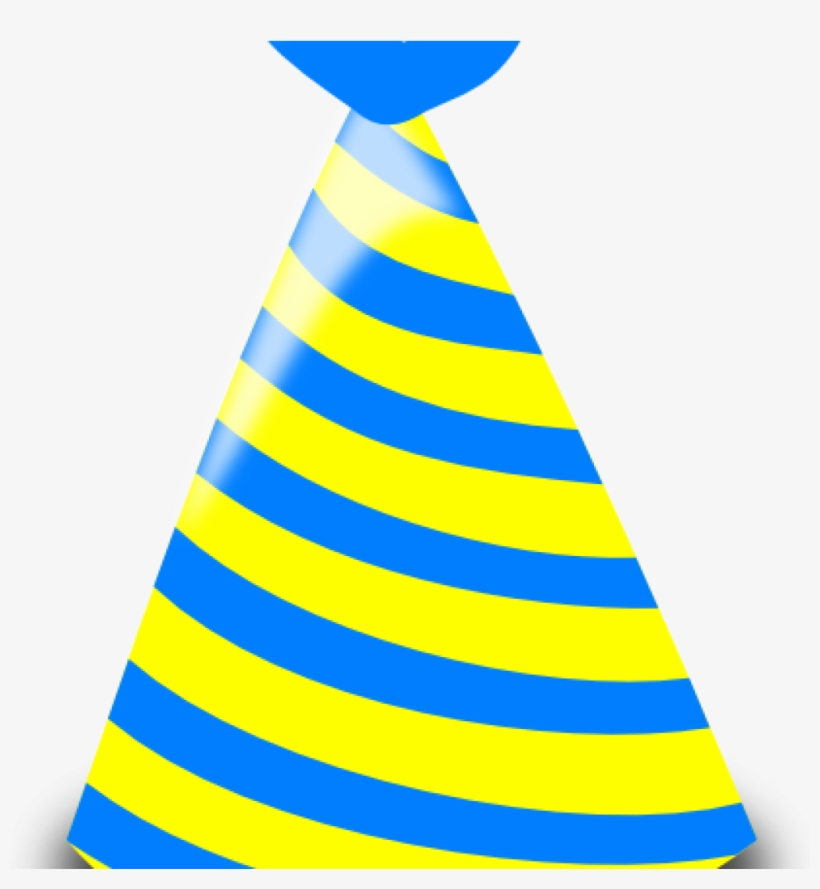 Blue and yellow striped party hat with a glossy finish and triangular shape.