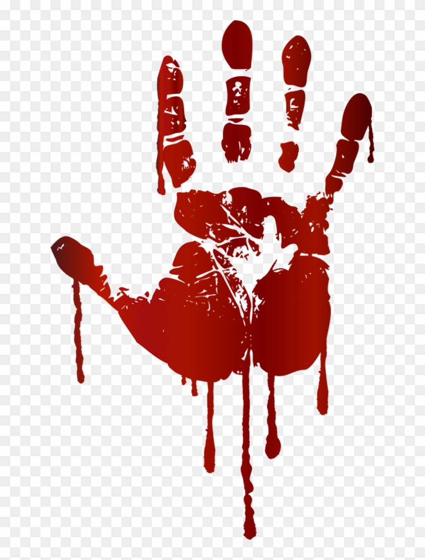 A vivid red blood-stained handprint with dripping effects on transparent background.