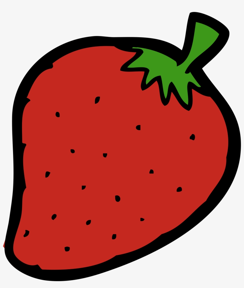 Cartoon-style red strawberry with green leafy top and black outline, featuring small black seeds.