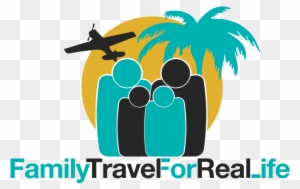 Family travel logo with silhouetted family, palm tree, airplane, and sun background.