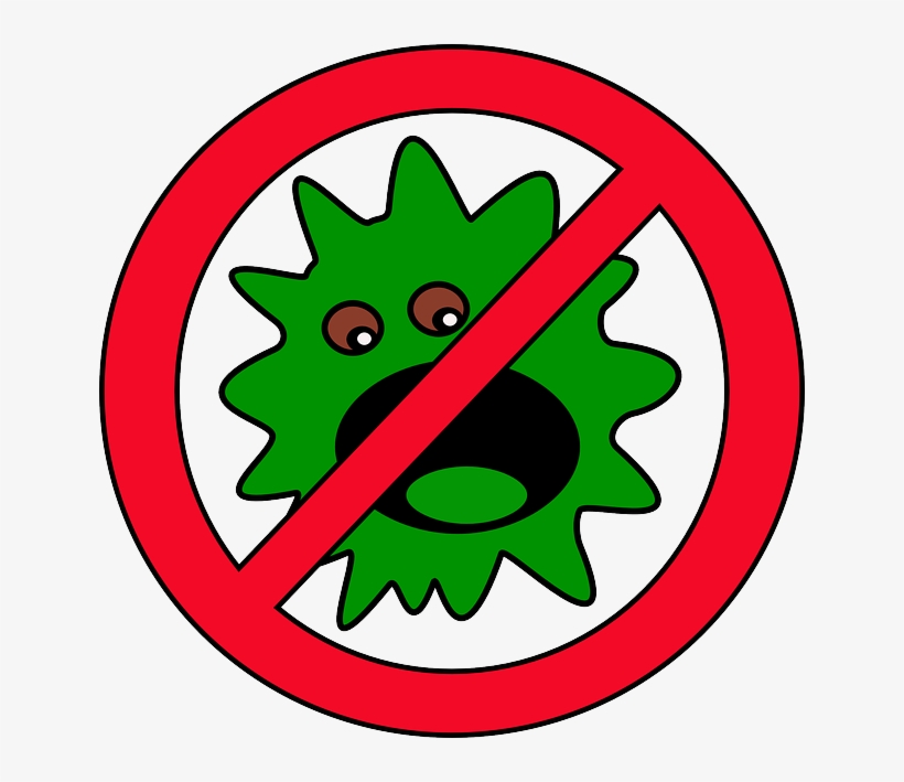 A cartoon green germ with eyes and open mouth, crossed out by a red prohibition symbol.