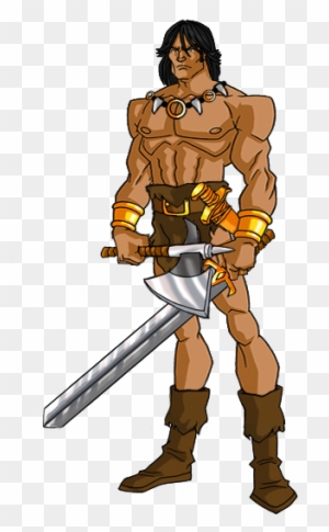 Muscular barbarian warrior with long dark hair, wielding a large sword and wearing leather armor and golden bracers.