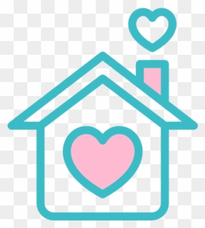 Teal-outlined house icon with a pink heart inside and a smaller heart above the chimney, symbolizing love and home.