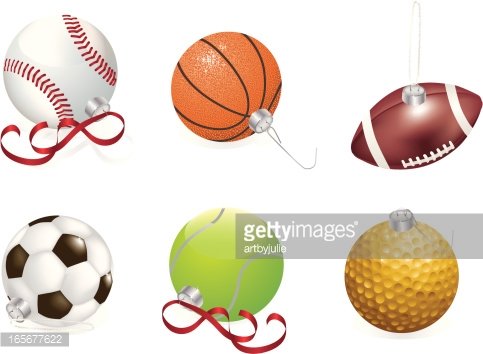 Six sport-themed Christmas ornaments: baseball, basketball, football, soccer ball, tennis ball, and golf ball, each with a ribbon or hook.