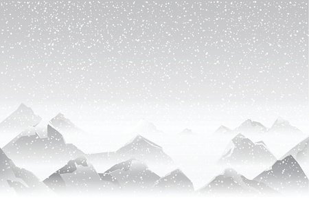 Snowfall over layered mountain peaks in a serene monochrome winter landscape.