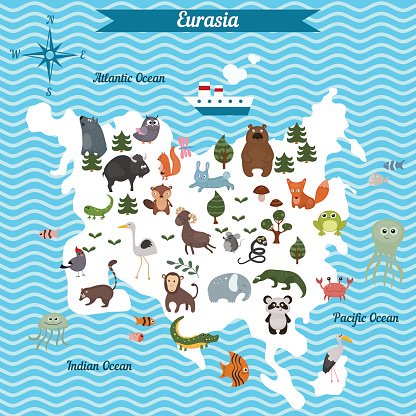 Illustrated map of Eurasia featuring native animals, oceans, and a compass rose in a playful cartoon style.