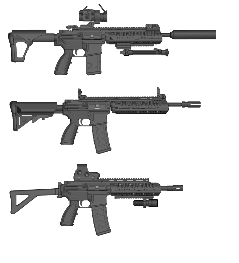 Three variants of a modern tactical rifle: suppressed with scope, standard with iron sights, and red-dot with forward grip.