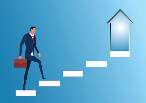Businessman climbing steps toward upward arrow symbolizing career growth and success.