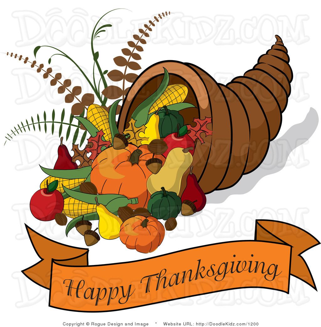 Cornucopia overflowing with autumn harvest-pumpkins, apples, corn, pears, gourds, and acorns-with "Happy Thanksgiving" banner.