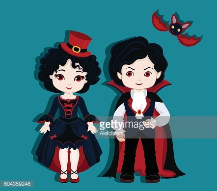 Cute cartoon vampire boy and girl in Halloween costumes with bat flying above, on teal background.