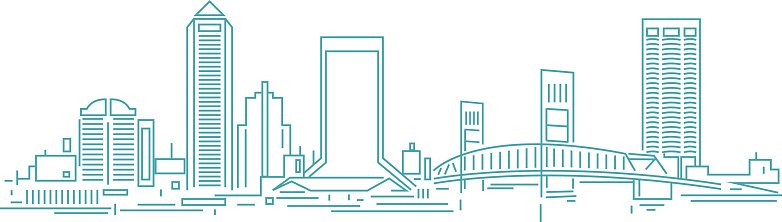 Line-art city skyline with skyscrapers, bridge, and modern architecture in teal outline.
