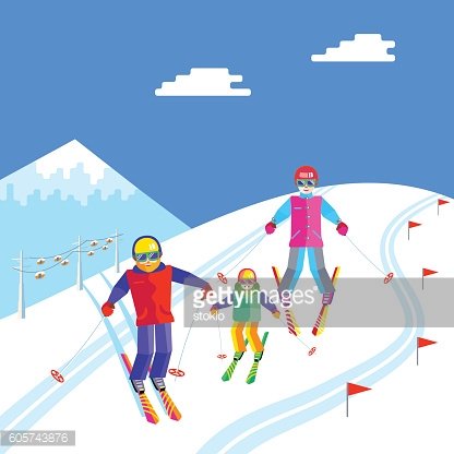 Family Skiing Adventure on Snowy Mountain Slope | Winter Sports Illustration