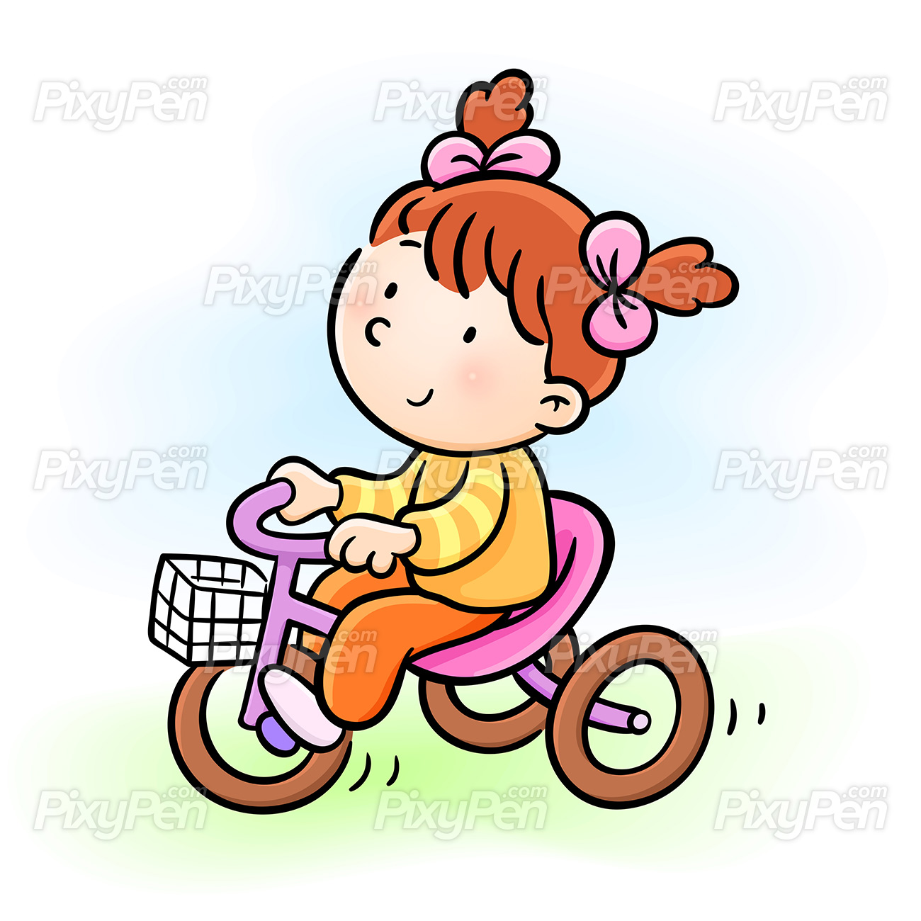 Smiling cartoon girl with pigtails riding a pink tricycle with a basket.
