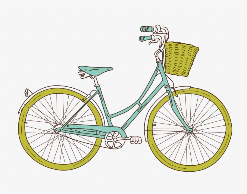 Vintage-style teal bicycle with yellow wheels and a woven basket on the front handlebars.