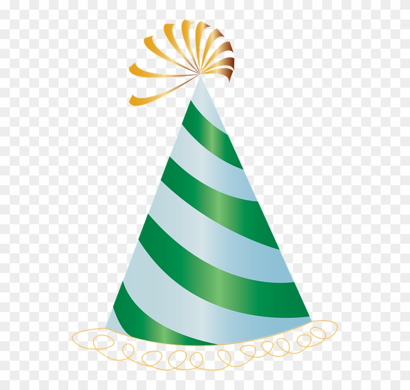 Green and light blue striped party hat with gold ribbon and festive pom-pom on top.