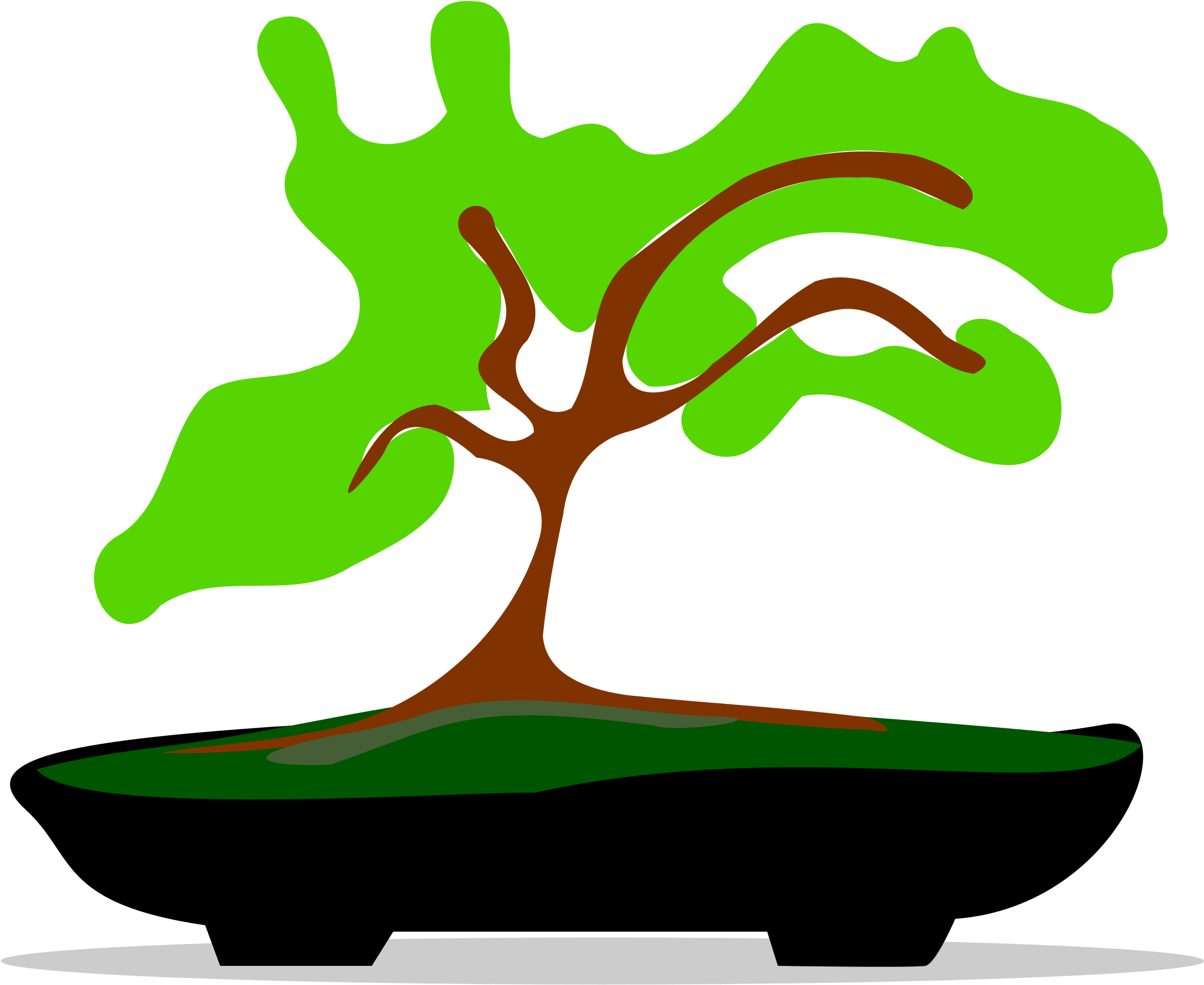 Stylized green bonsai tree with brown trunk in black pot on white base, minimalist vector illustration.
