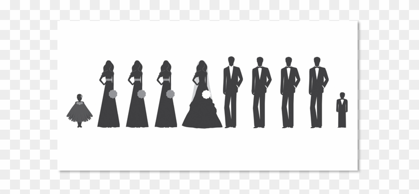 Silhouette illustration of a wedding party lineup including bride, groom, bridesmaids, groomsmen, flower girl, and ring bearer.