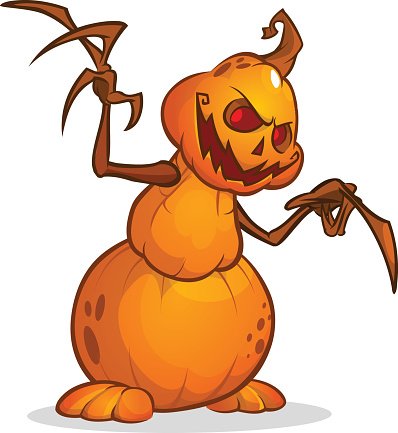 Cartoonish orange pumpkin monster with glowing red eyes, sharp claws, and a menacing grin, sitting on its haunches.