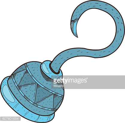 Blue cartoon-style hook with ornate spherical base and curved metallic tip.