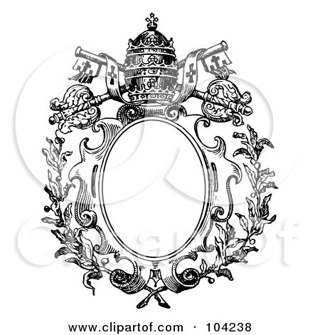 Ornate papal coat of arms featuring crossed keys, tiara, and floral scrollwork framing an oval blank space.