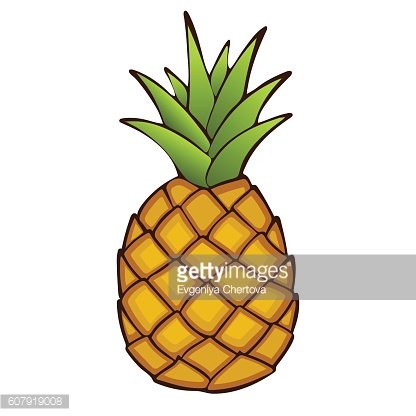 A colorful cartoon-style pineapple with green spiky leaves and golden-yellow textured skin.